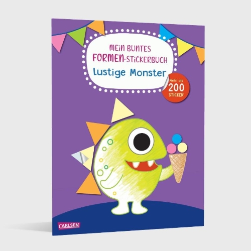 Buchcover und Innenansicht für das Buch: Mein buntes Formen-Stickerbuch: Lustige Monster