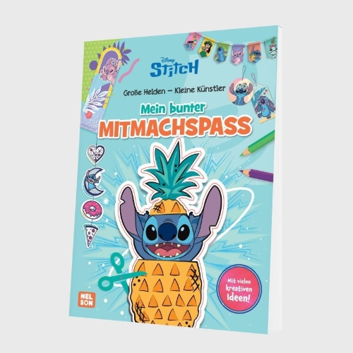 Buchcover und Innenansicht für das Buch: Disney Kreative Beschäftigung: Stitch: Mein bunter Mitmachspaß