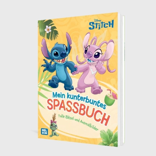 Buchcover und Innenansicht für das Buch: Disney Kreative Beschäftigung: Disney Stitch: Mein kunterbuntes Spaßbuch