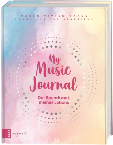 Buchcover und Innenansicht für das Buch: Music Journal feat. Maren Vivien Haase. Das kreative Eintragbuch für Erinnerungen an Musik-Events, Interpret:innen, Songs & Alben, die dich begeistern