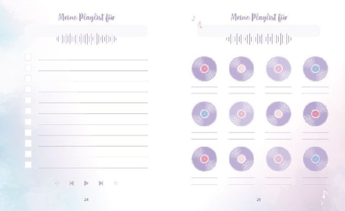 Buchcover und Innenansicht für das Buch: Music Journal feat. Maren Vivien Haase. Das kreative Eintragbuch für Erinnerungen an Musik-Events, Interpret:innen, Songs & Alben, die dich begeistern