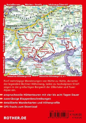 Buchcover und Innenansicht für das Buch: ROTHER Wanderführer Von Hütte zu Hütte Zillertal. 5 Mehrtagestouren in den Zillertaler und Tuxer Alpen - mit dem Berliner Höhenweg