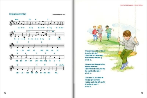 Buchcover und Innenansicht für das Buch: Die 100 schönsten Kinderlieder - Mit einfachen Noten und Akkorden für Gitarre und Klavier