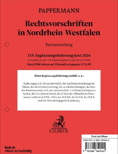 Buchcover und Innenansicht für das Buch: Rechtsvorschriften in Nordrhein-Westfalen  119. Ergänzungslieferung
