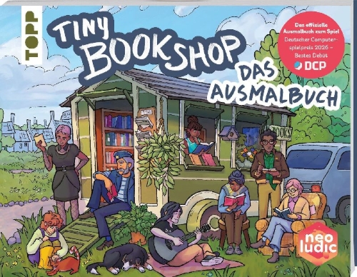 Buchcover und Innenansicht für das Buch: Tiny Bookshop - Das Ausmalbuch