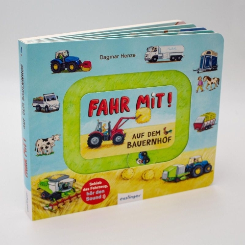 Buchcover und Innenansicht für das Buch: Meine Schiebebahn-Pappe (Soundbuch): Fahr mit auf dem Bauernhof