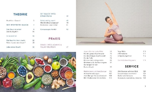 Buchcover und Innenansicht für das Buch: Yoga für einen flachen Bauch