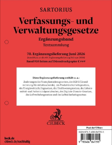 Buchcover und Innenansicht für das Buch: Verfassungs- und Verwaltungsgesetze. Ergänzungsband 70. Ergänzungslieferung
