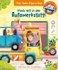 Buchcover und Innenansicht für das Buch: Mein Zauberklappen-Buch - Mach mit in der Autowerkstatt!