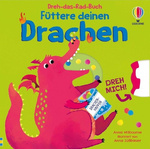 Buchcover und Innenansicht für das Buch: Dreh-das-Rad-Buch: Füttere deinen Drachen
