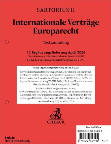 Buchcover und Innenansicht für das Buch: Sartorius II. Internationale Verträge, Europarecht  77. Ergänzungslieferung