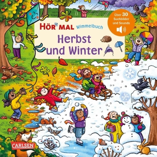 Buchcover und Innenansicht für das Buch: Hör mal (Soundbuch): Wimmelbuch: Herbst und Winter