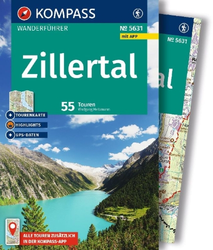 Buchcover und Innenansicht für das Buch: KOMPASS Wanderführer Zillertal, 55 Touren mit Extra-Tourenkarte