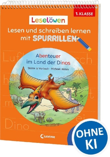 Buchcover und Innenansicht für das Buch: Leselöwen - Lesen und schreiben lernen mit Spurrillen - Abenteuer im Land der Dinos