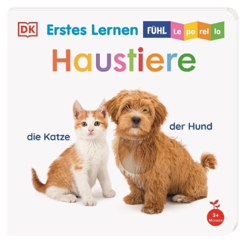 Buchcover und Innenansicht für das Buch: Erstes Lernen Fühl-Leporello. Haustiere
