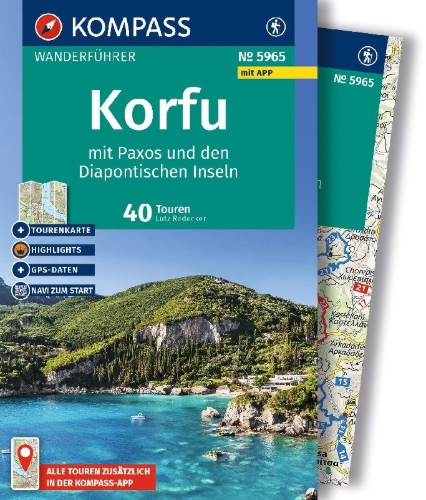 Buchcover und Innenansicht für das Buch: KOMPASS Wanderführer Korfu mit Paxos und den Diapontischen Inseln, 40 Touren mit Extra-Tourenkarte