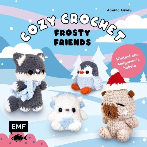 Buchcover und Innenansicht für das Buch: Cozy Crochet - Frosty Friends: Winterliche Amigurumis häkeln mit @crochetbyjanina