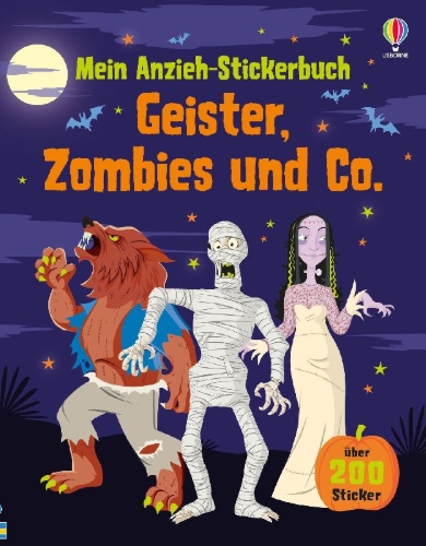 Buchcover und Innenansicht für das Buch: Mein Anzieh-Stickerbuch: Geister, Zombies und Co.