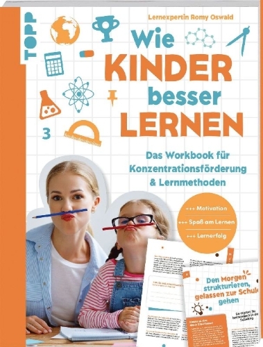 Buchcover und Innenansicht für das Buch: Wie Kinder besser lernen. Das Workbook für Konzentrationsförderung & Lernmethoden