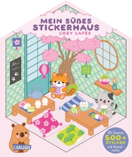 Buchcover und Innenansicht für das Buch: Mein süßes Stickerhaus: Cozy Cafés
