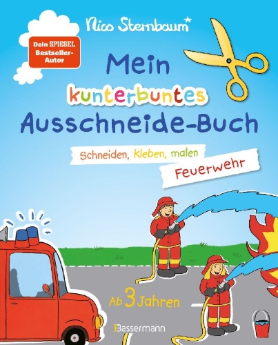 Buchcover und Innenansicht für das Buch: Mein kunterbuntes Ausschneidebuch - Feuerwehr. Schneiden, kleben, malen ab 3 Jahren