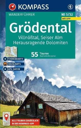 Buchcover und Innenansicht für das Buch: KOMPASS Wanderführer Grödental, Villnößtal, Seiser Alm, Herausragende Dolomiten, 55 Touren mit Extra-Tourenkarte
