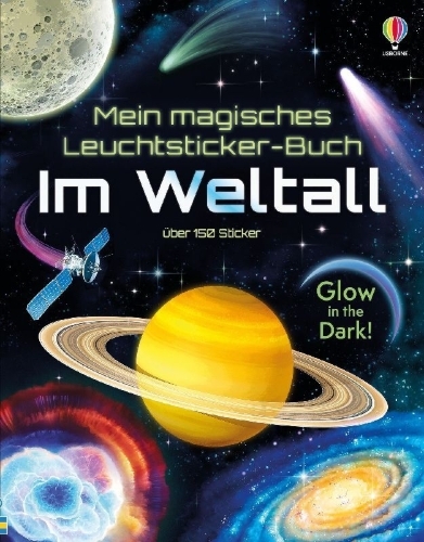 Buchcover und Innenansicht für das Buch: Mein magisches Leuchtsticker-Buch: Im Weltall