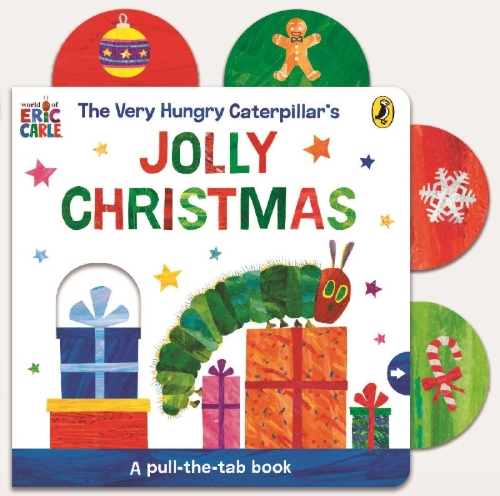 Buchcover und Innenansicht für das Buch: The Very Hungry Caterpillar's Jolly Christmas: A Pull-The-Tab Book